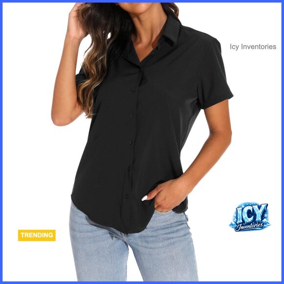 Short Sleeve Button Down Shirt V Neck Collared Top Business Casual Blouse